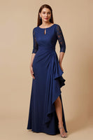 Load image into Gallery viewer, Navy Sheath Chiffon Ruched Lace Sleeves Long Mother of the Bride Dress