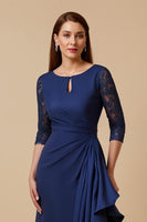 Load image into Gallery viewer, Navy Sheath Chiffon Ruched Lace Sleeves Long Mother of the Bride Dress