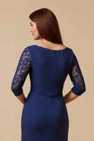 Load image into Gallery viewer, Navy Sheath Chiffon Ruched Lace Sleeves Long Mother of the Bride Dress