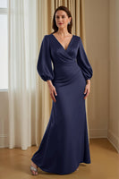 Load image into Gallery viewer, Pine Satin Mermaid V-Neck Long Mother of the Bride Dress with Sleeves