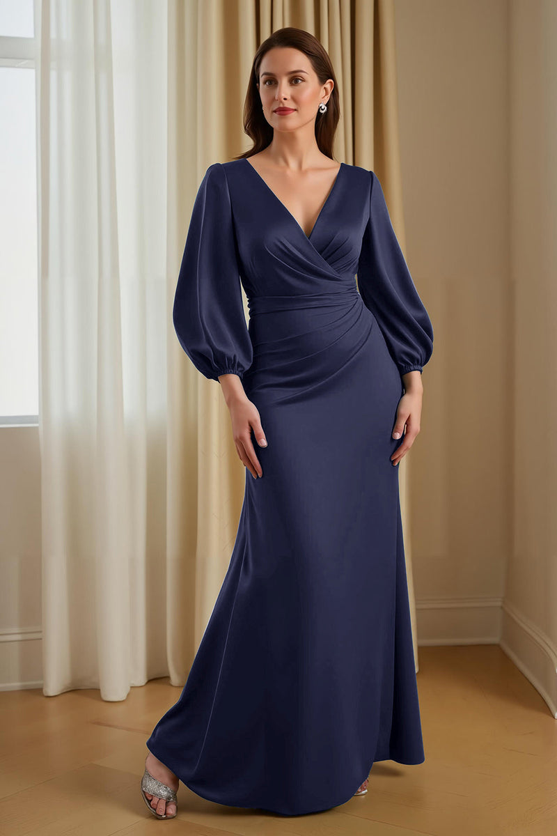 Load image into Gallery viewer, Pine Satin Mermaid V-Neck Long Mother of the Bride Dress with Sleeves