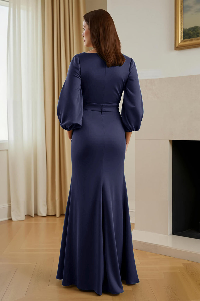 Load image into Gallery viewer, Pine Satin Mermaid V-Neck Long Mother of the Bride Dress with Sleeves