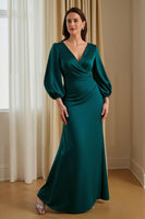 Load image into Gallery viewer, Pine Satin Mermaid V-Neck Long Mother of the Bride Dress with Sleeves