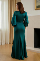 Load image into Gallery viewer, Pine Satin Mermaid V-Neck Long Mother of the Bride Dress with Sleeves