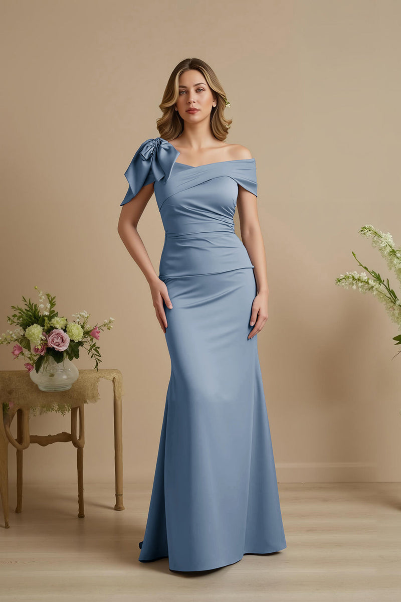 Load image into Gallery viewer, Dusty Blue Satin Mermaid Ruched Long Mother of the Bride Dress with Bow