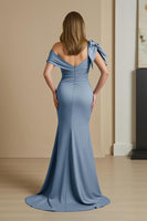 Load image into Gallery viewer, Dusty Blue Satin Mermaid Ruched Long Mother of the Bride Dress with Bow