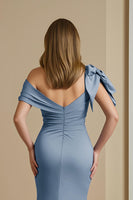 Load image into Gallery viewer, Dusty Blue Satin Mermaid Ruched Long Mother of the Bride Dress with Bow