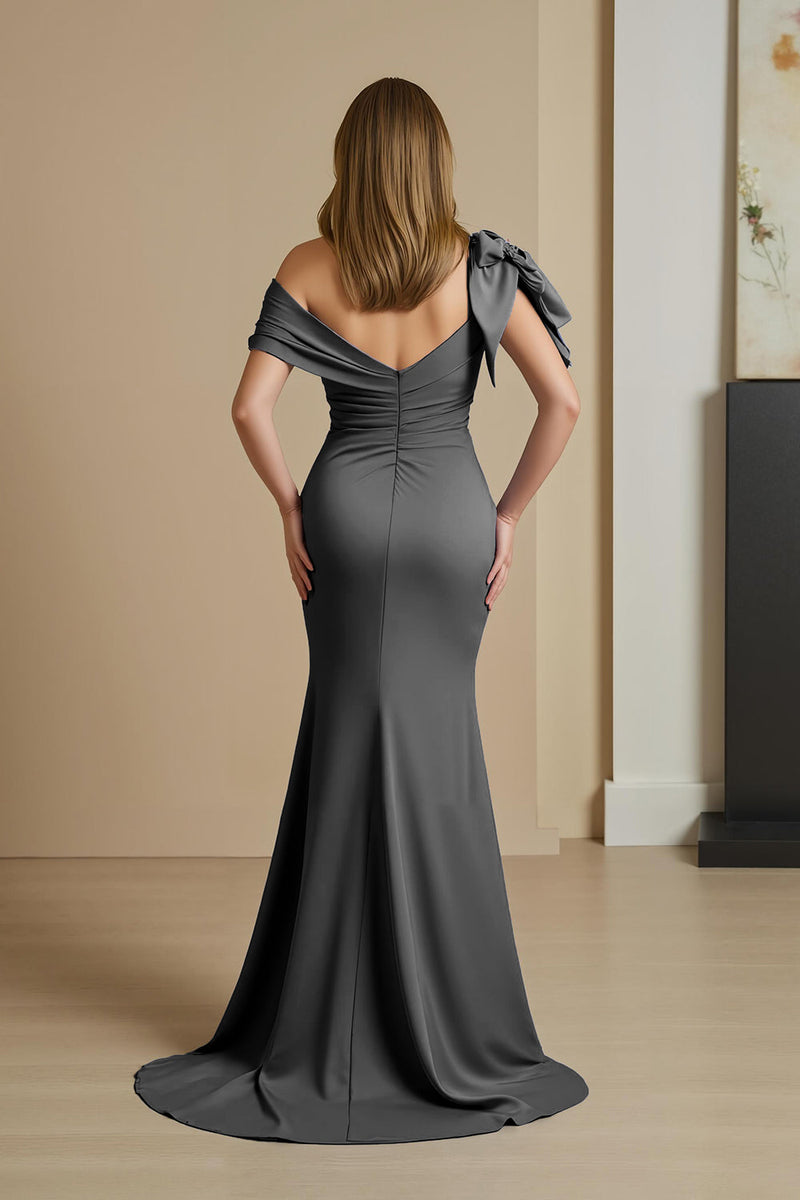 Load image into Gallery viewer, Dusty Blue Satin Mermaid Ruched Long Mother of the Bride Dress with Bow