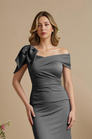 Load image into Gallery viewer, Dusty Blue Satin Mermaid Ruched Long Mother of the Bride Dress with Bow