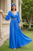 Load image into Gallery viewer, Blue A Line Chiffon V-Neck Long Mother of the Bride Dress with Beading