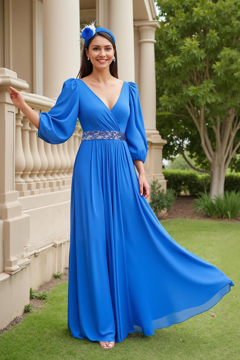 Load image into Gallery viewer, Blue A Line Chiffon V-Neck Long Mother of the Bride Dress with Beading