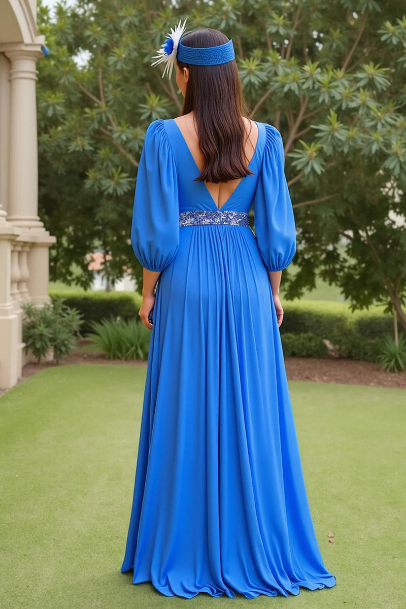 Load image into Gallery viewer, Blue A Line Chiffon V-Neck Long Mother of the Bride Dress with Beading