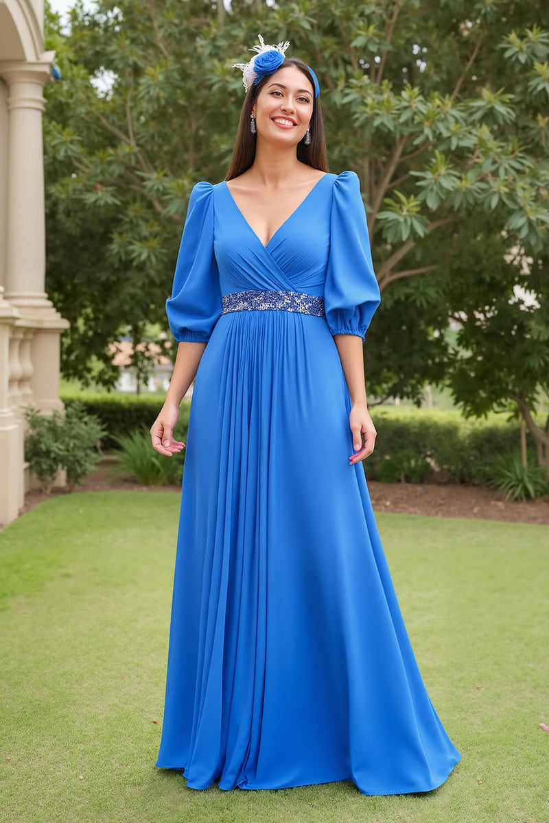Load image into Gallery viewer, Blue A Line Chiffon V-Neck Long Mother of the Bride Dress with Beading