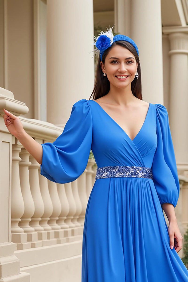 Load image into Gallery viewer, Blue A Line Chiffon V-Neck Long Mother of the Bride Dress with Beading