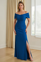 Load image into Gallery viewer, Blue Sheath Off The Shoulder Long Mother of the Bride Dress with Slit