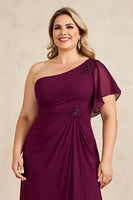 Load image into Gallery viewer, Burgundy Chiffon One Shoulder Ruched Plus Size Long Mother of the Bride Dress