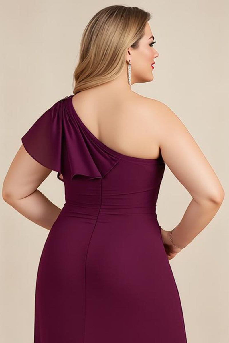 Load image into Gallery viewer, Burgundy Chiffon One Shoulder Ruched Plus Size Long Mother of the Bride Dress
