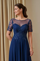 Load image into Gallery viewer, Navy Chiffon Illusion Boat Neck Long Mother of the Bride Dress with Sleeves