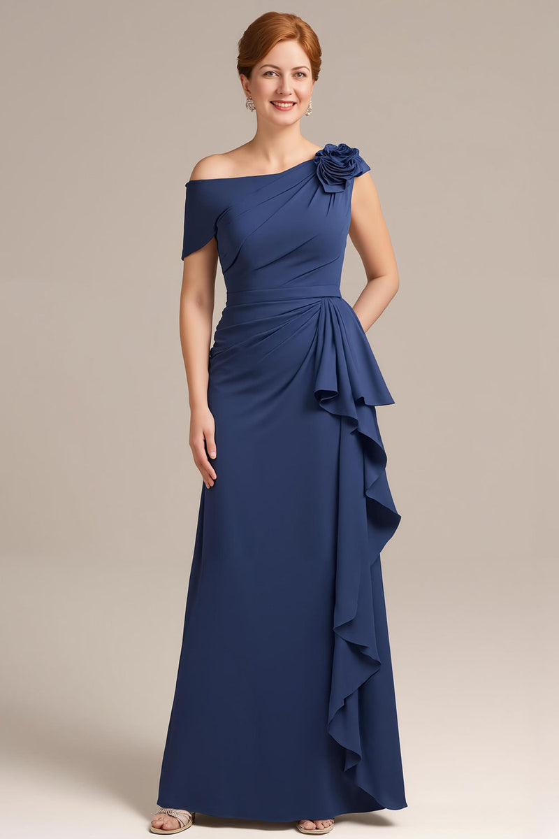 Load image into Gallery viewer, Navy Sheath Ruffled Long Mother of the Bride Dress with 3D Flower