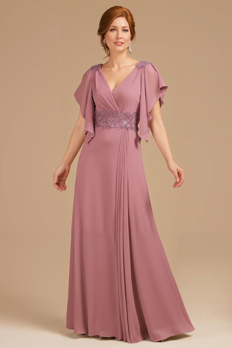 Load image into Gallery viewer, Grape Chiffon V-Neck Appliqued Long Mother of the Bride Dress with Ruffles