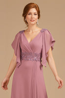 Load image into Gallery viewer, Grape Chiffon V-Neck Appliqued Long Mother of the Bride Dress with Ruffles