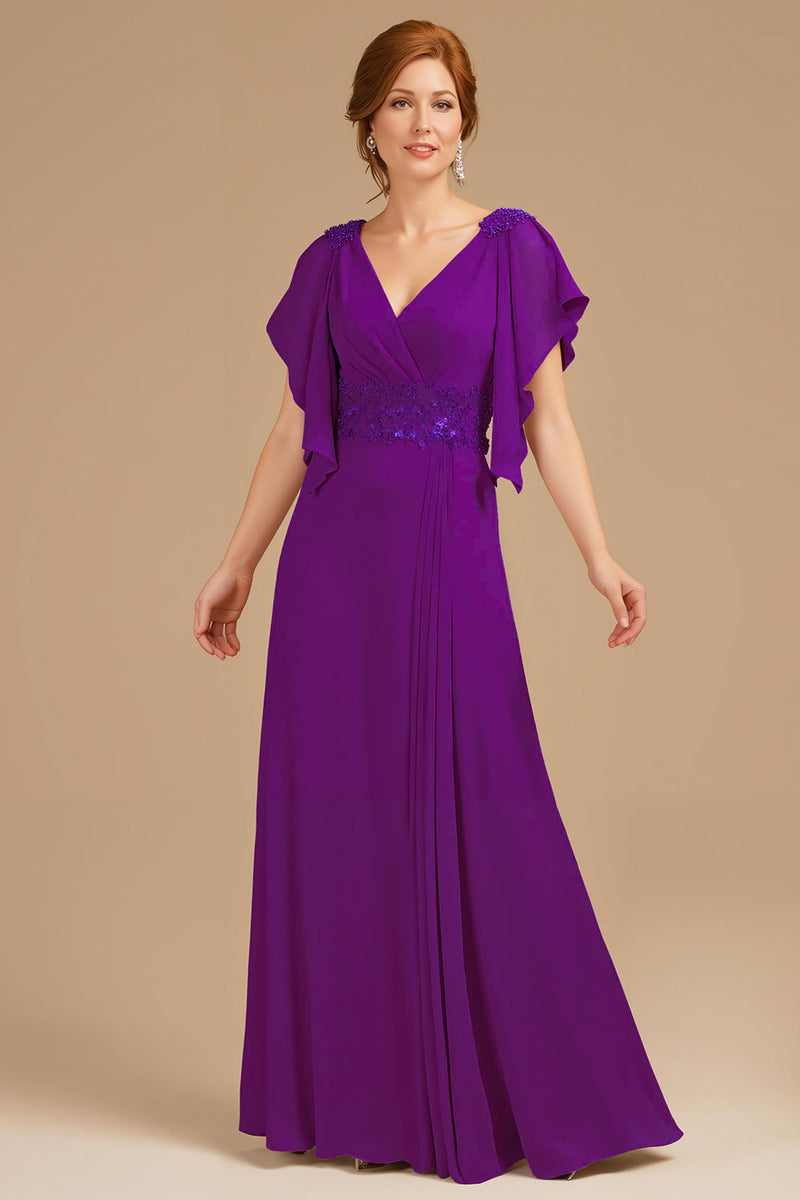 Load image into Gallery viewer, Grape Chiffon V-Neck Appliqued Long Mother of the Bride Dress with Ruffles