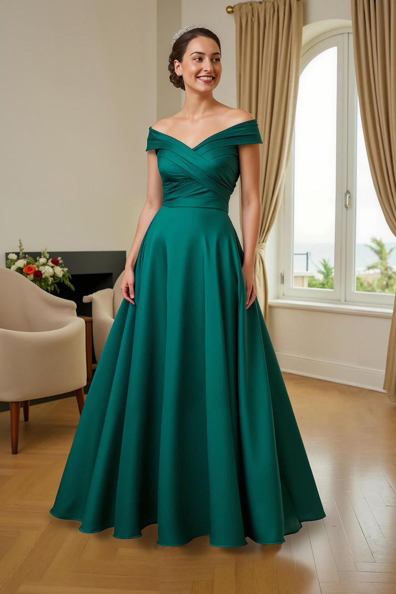 Load image into Gallery viewer, Dark Green A Line Satin Off The Shoulder Long Mother of the Bride Dress