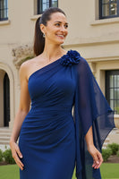Load image into Gallery viewer, Navy Bodycon Chiffon One Shoulder Midi Mother of the Bride Dress with Sleeves