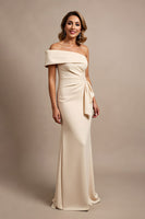 Load image into Gallery viewer, Apricot Satin Mermaid Ruched Long Mother of the Bride Dress with Ruffles