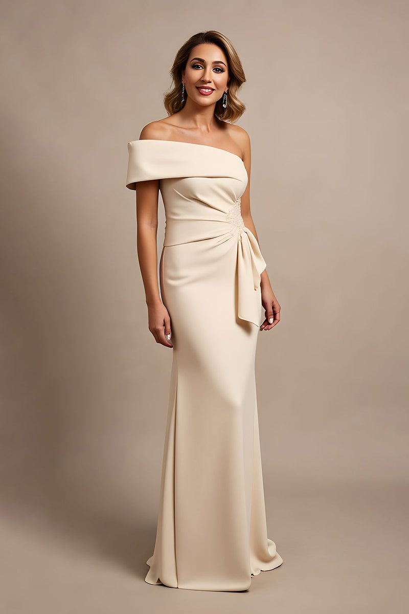 Load image into Gallery viewer, Apricot Satin Mermaid Ruched Long Mother of the Bride Dress with Ruffles