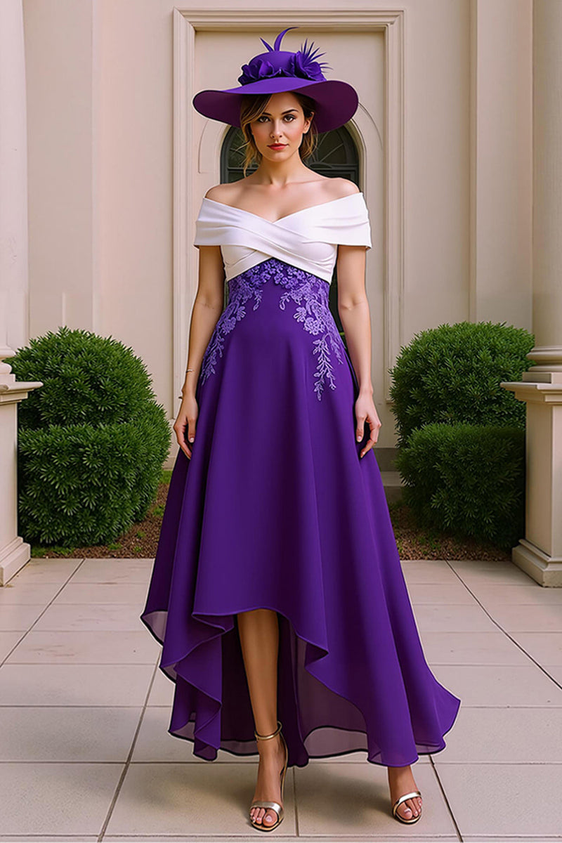 Load image into Gallery viewer, Purple A Line Chiffon Asymmetrical Mother of the Bride Dress with Appliques