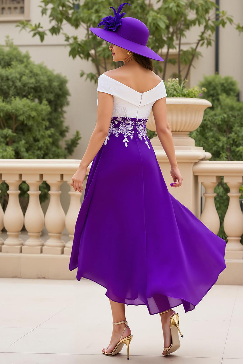 Load image into Gallery viewer, Purple A Line Chiffon Asymmetrical Mother of the Bride Dress with Appliques