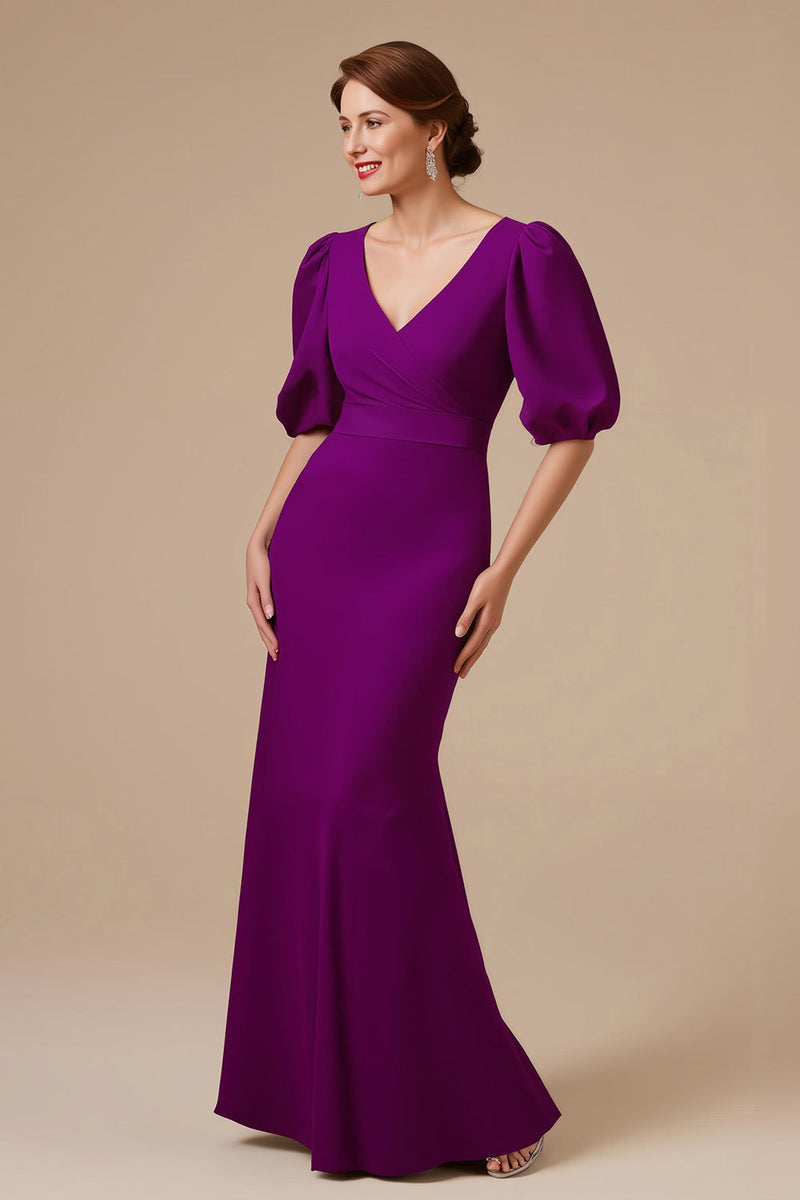 Load image into Gallery viewer, Grape Satin Mermaid V-Neck Long Mother of the Bride Dress with Sleeves