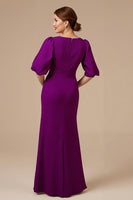 Load image into Gallery viewer, Grape Satin Mermaid V-Neck Long Mother of the Bride Dress with Sleeves