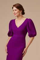 Load image into Gallery viewer, Grape Satin Mermaid V-Neck Long Mother of the Bride Dress with Sleeves