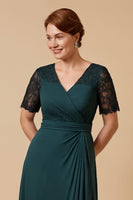 Load image into Gallery viewer, Pine Chiffon A Line V-Neck Long Mother of the Bride Dress with Sleeves