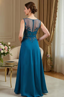 Load image into Gallery viewer, Peacock Blue Chiffon A Line Long Mother of the Bride Dress with Appliques