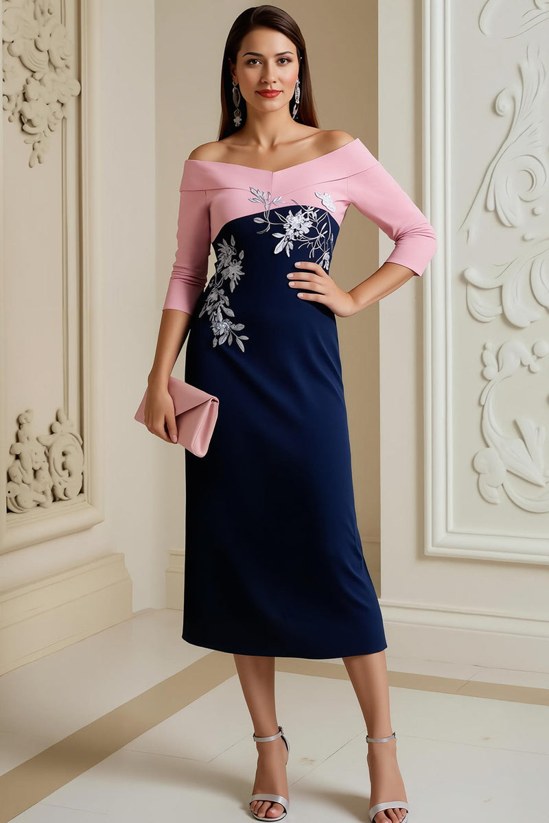 Load image into Gallery viewer, Navy Satin Bodycon Midi Mother of the Bride Dress with Appliques