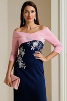 Load image into Gallery viewer, Navy Satin Bodycon Midi Mother of the Bride Dress with Appliques