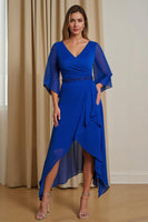 Load image into Gallery viewer, Royal Blue V-Neck A Line Asymmetrical Mother of the Bride Dress with Sleeves