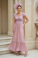 Load image into Gallery viewer, Dusty Rose Chiffon A Line V-Neck Long Mother of the Bride Dress with Lace