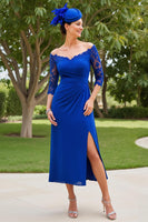 Load image into Gallery viewer, Royal Blue Sheath Ruched Midi Mother of the Bride Dress with Sleeves