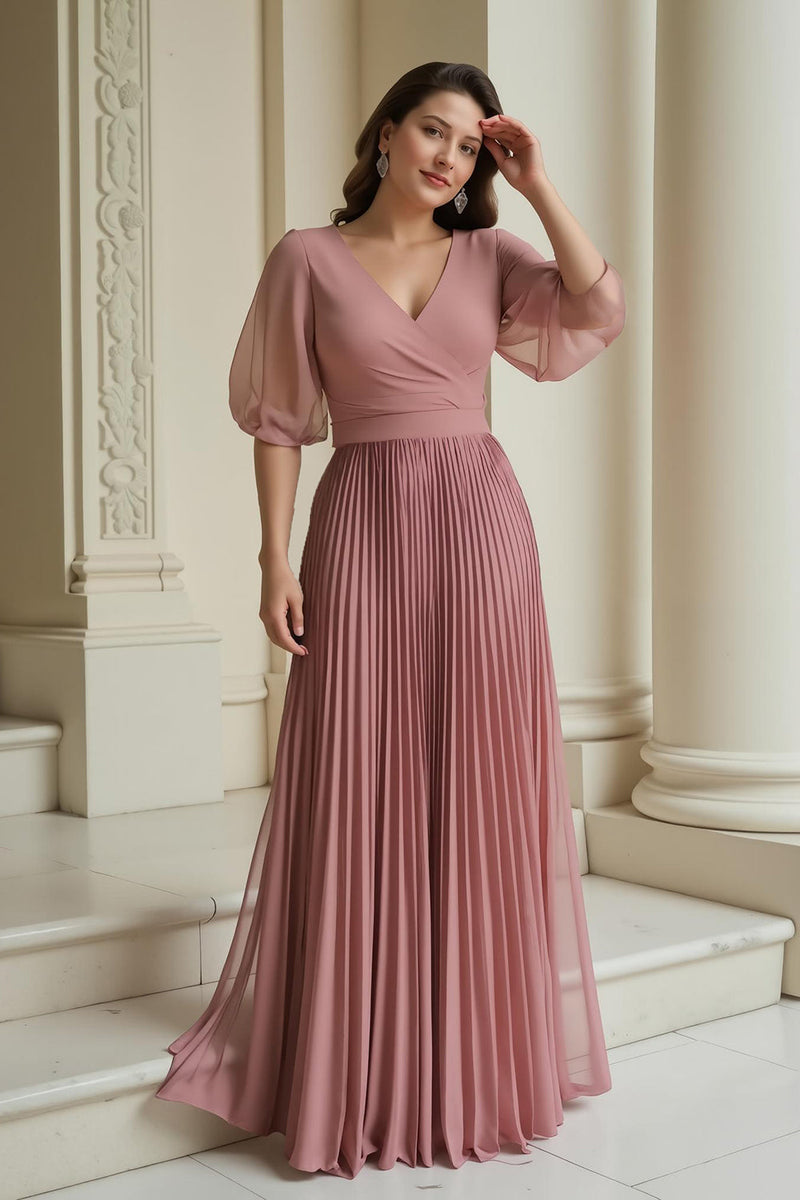 Load image into Gallery viewer, Dusty Rose Chiffon Pleated Long Mother of the Bride Dress with Sleeves