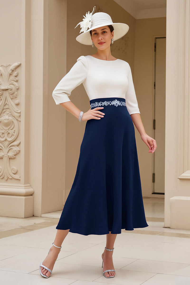 Load image into Gallery viewer, Black A Line Chiffon Boat Neck Midi Mother of the Bride Dress with Beading