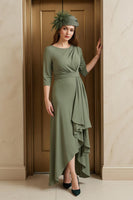 Load image into Gallery viewer, Olive Chiffon Round Neck Asymmetrical Mother of the Bride Dress with Sleeves