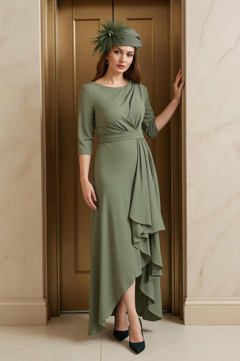 Load image into Gallery viewer, Olive Chiffon Round Neck Asymmetrical Mother of the Bride Dress with Sleeves