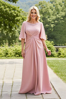 Load image into Gallery viewer, Blush Sheath Chiffon Ruched Long Mother of the Bride Dress with Lace