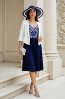 Load image into Gallery viewer, 2 Piece Navy A Line Chiffon Pleated Midi Mother of the Bride Dress with Sleeves