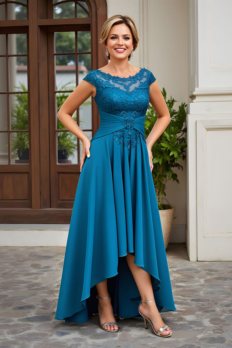 Load image into Gallery viewer, Peacock Blue Chiffon A Line Asymmetrical Mother of the Bride Dress with Lace
