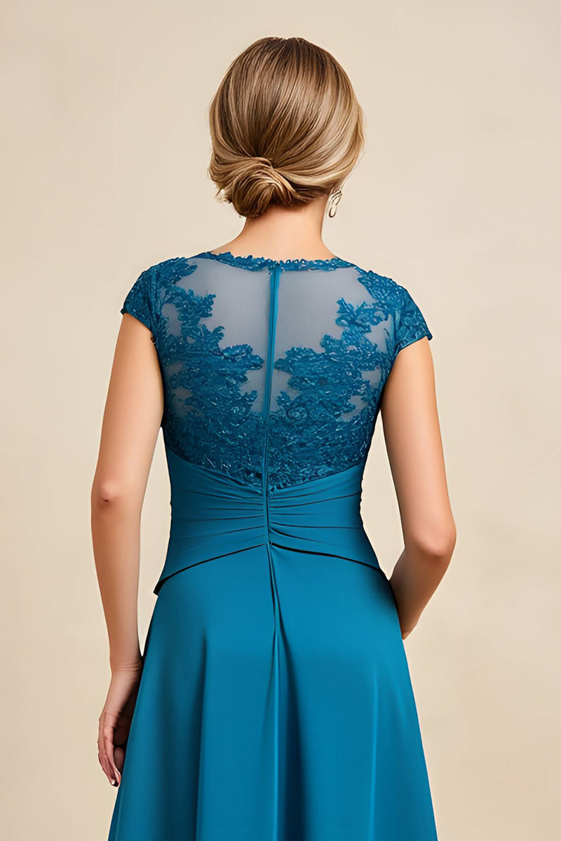 Load image into Gallery viewer, Peacock Blue Chiffon A Line Asymmetrical Mother of the Bride Dress with Lace
